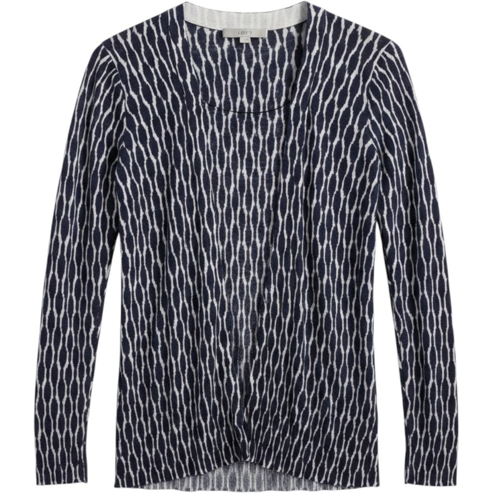 Ann Taylor LOFT Sweater Womens Small Blue Geo White Open Ramie Blend Cardigan